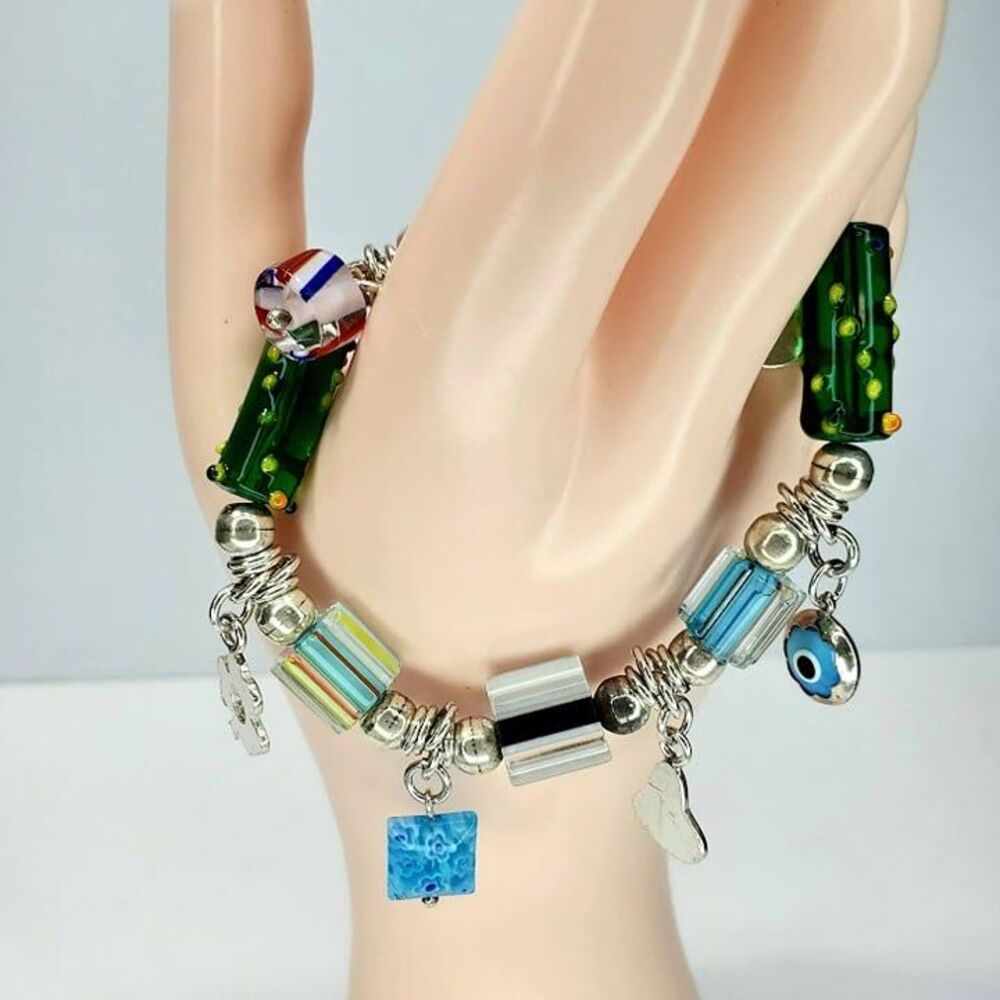Handmade Funky Art Glass Bead Charm & Sterling Silver Bracelet